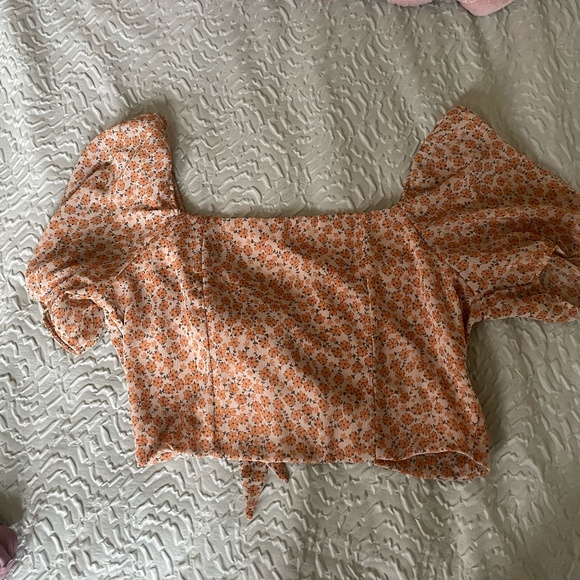 Lane 201 (Endless Blu) Cropped Tan Floral Top with Tie Back Large - Picture 1 of 6